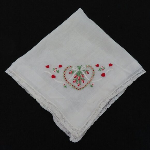 VTG Handmade Embroidered Hearts Rose Flowers Floral Heart Handkerchief Hankie - Picture 1 of 8